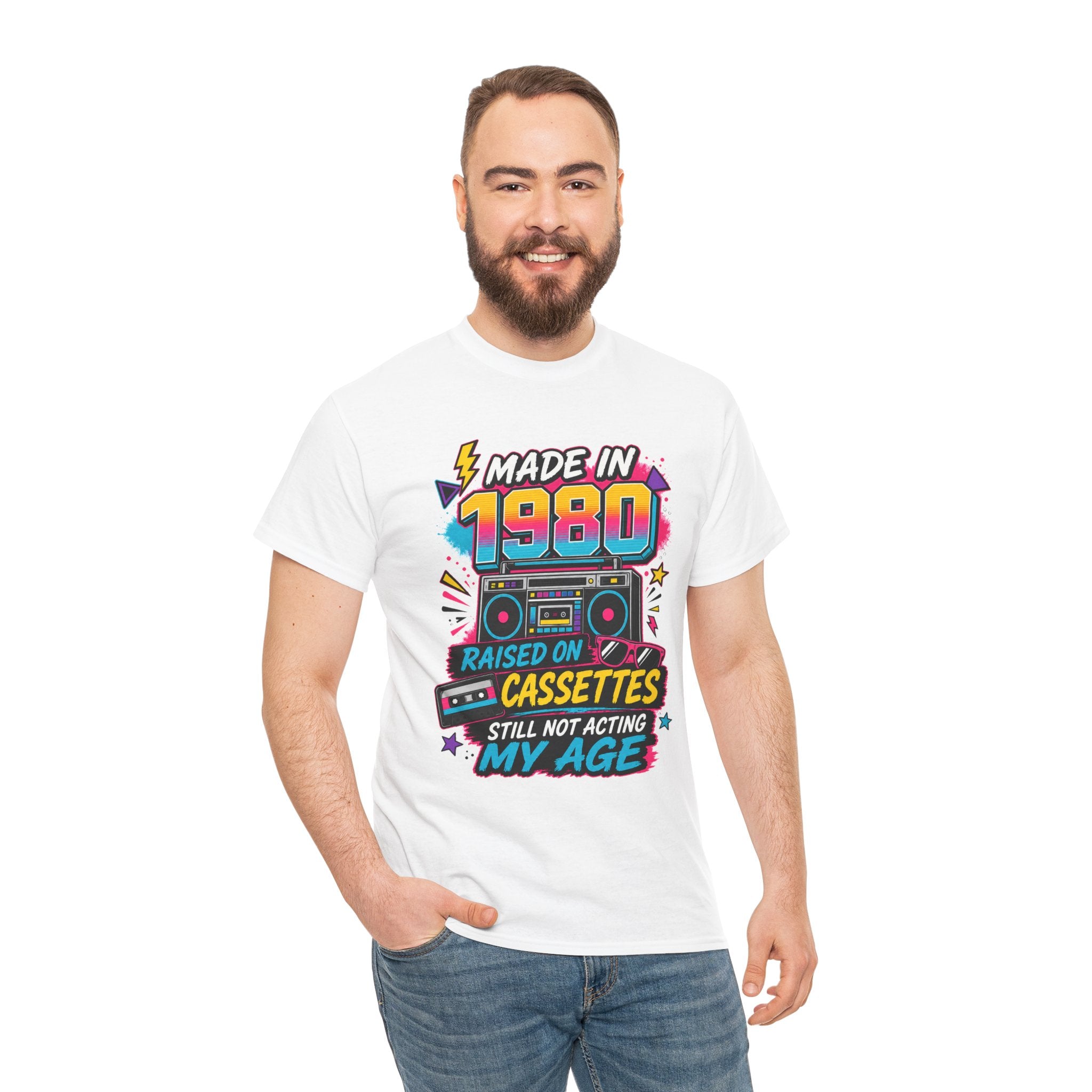 Made in 1980 T-Shirt : Raised on Cassettes, Still Not Acting My Age Retro Tee