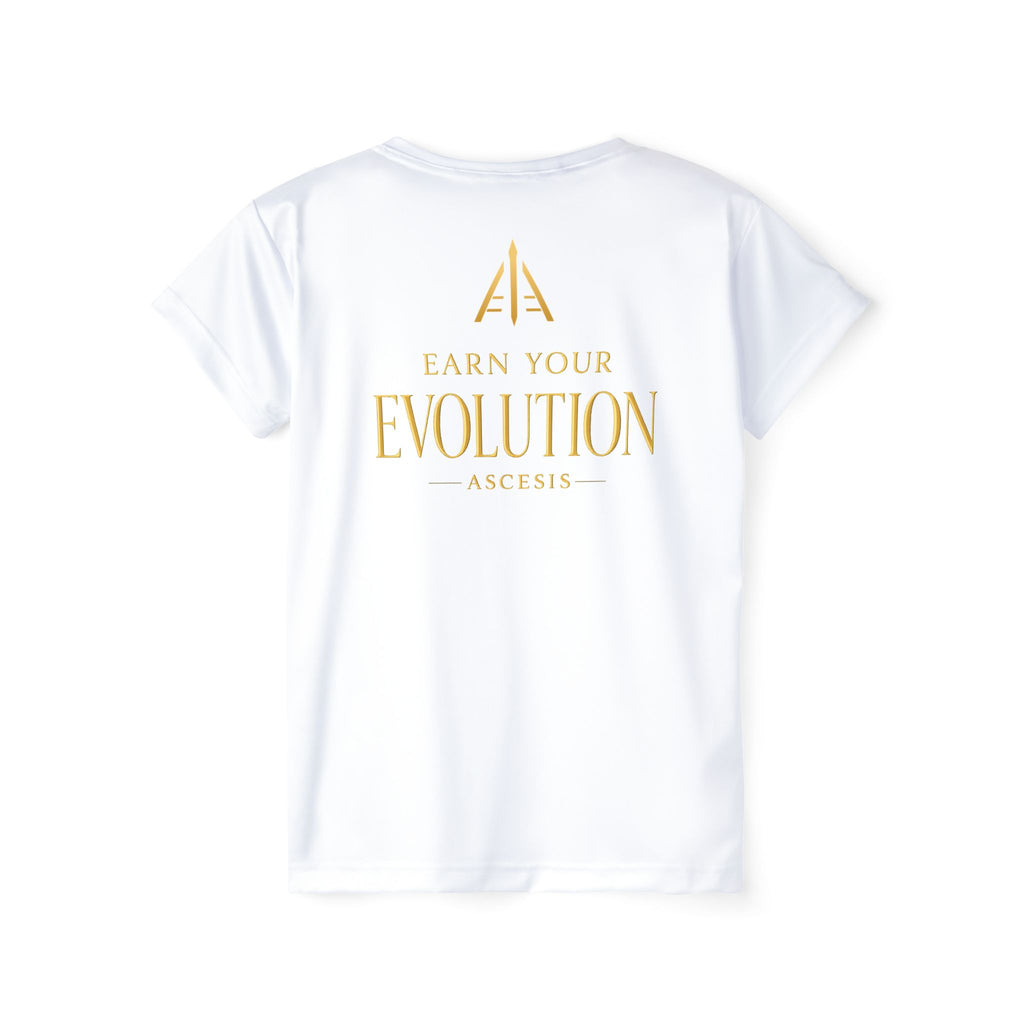 Earn Your Evolution Women’s Sports Jersey — Gold ASCESIS Logo Athletic Tee