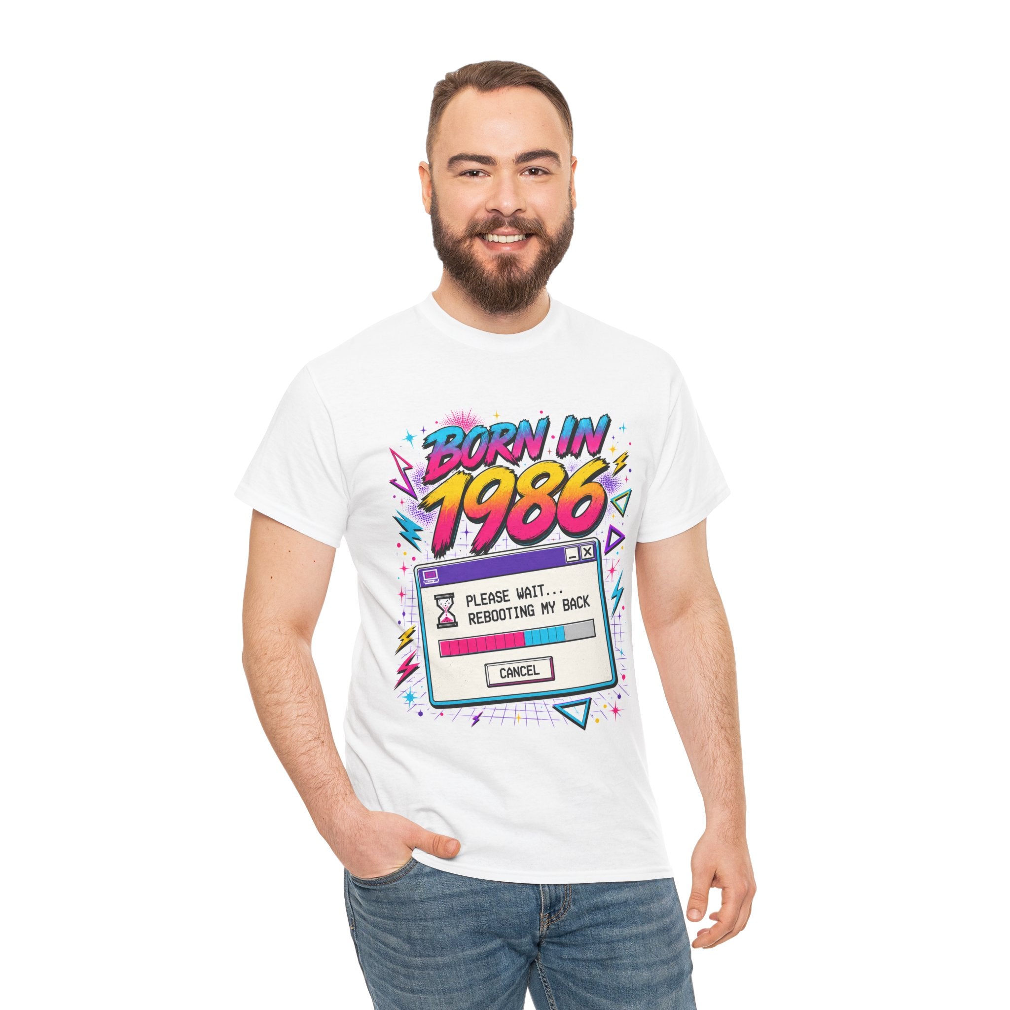 Born in 1986 Retro Graphic Tee — "Please Wait... Rebooting My Back" Birthday Shirt