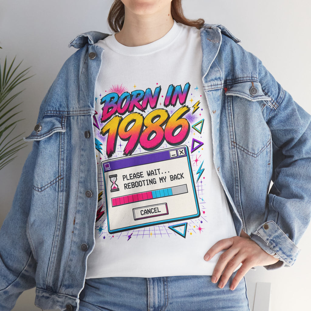 Born in 1986 Retro Graphic Tee — "Please Wait... Rebooting My Back" Birthday Shirt