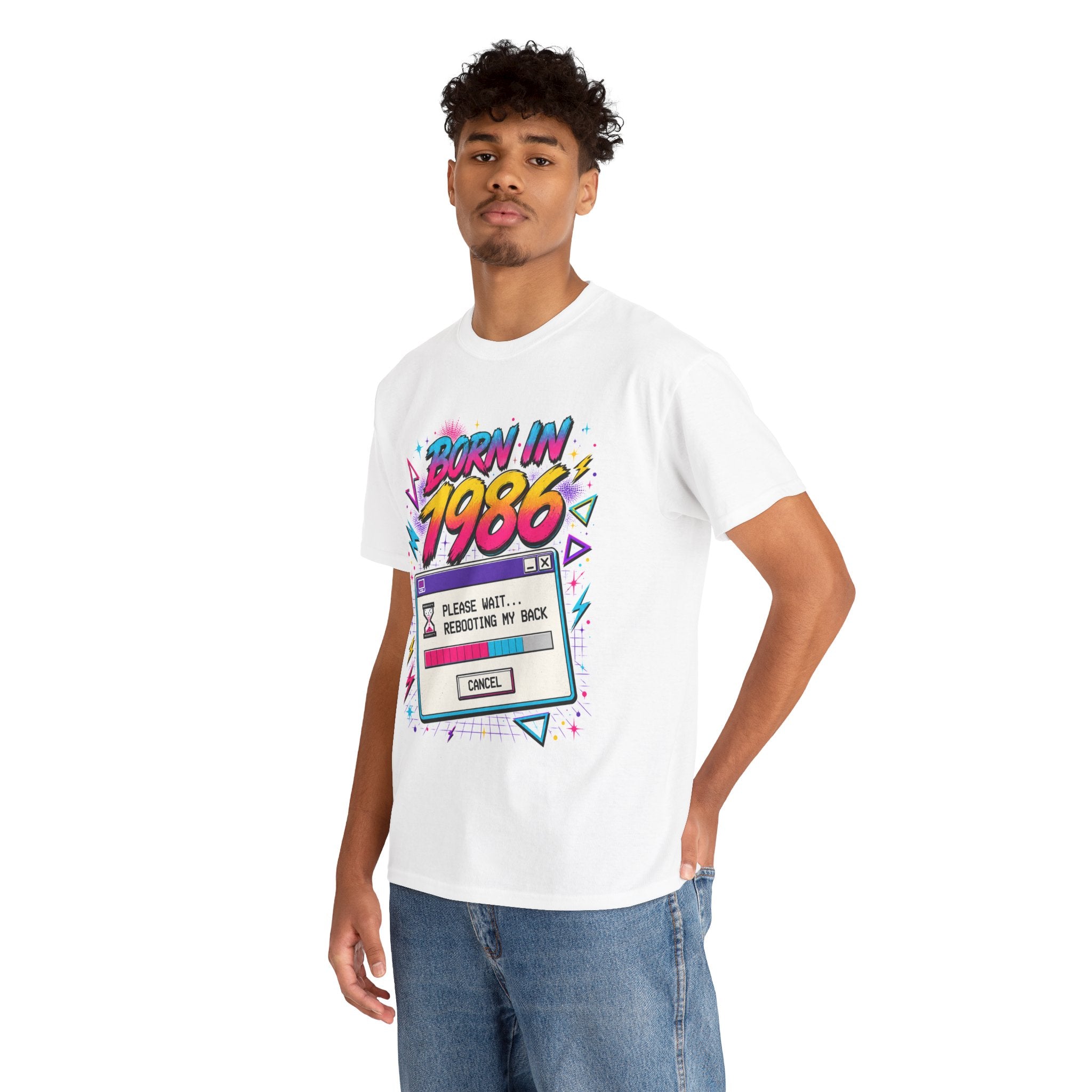 Born in 1986 Retro Graphic Tee — "Please Wait... Rebooting My Back" Birthday Shirt