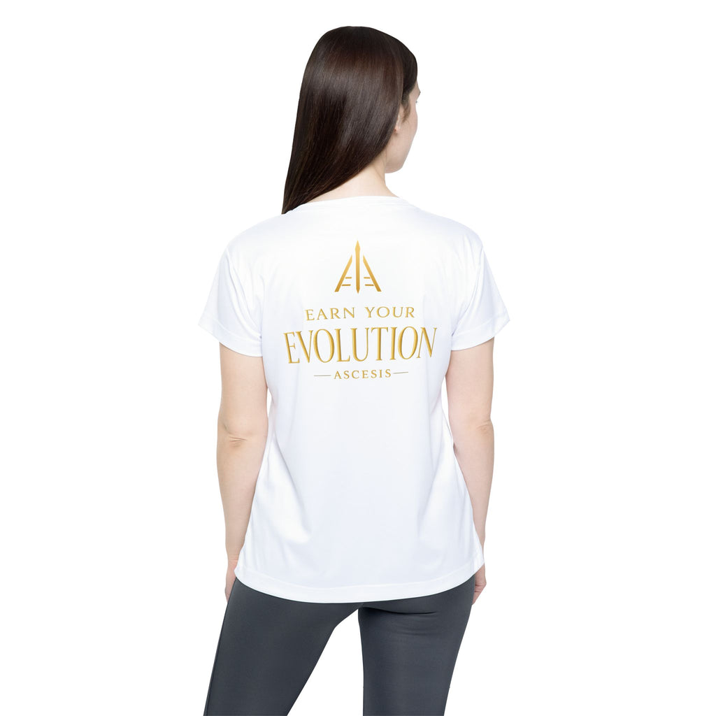 Earn Your Evolution Women’s Sports Jersey — Gold ASCESIS Logo Athletic Tee