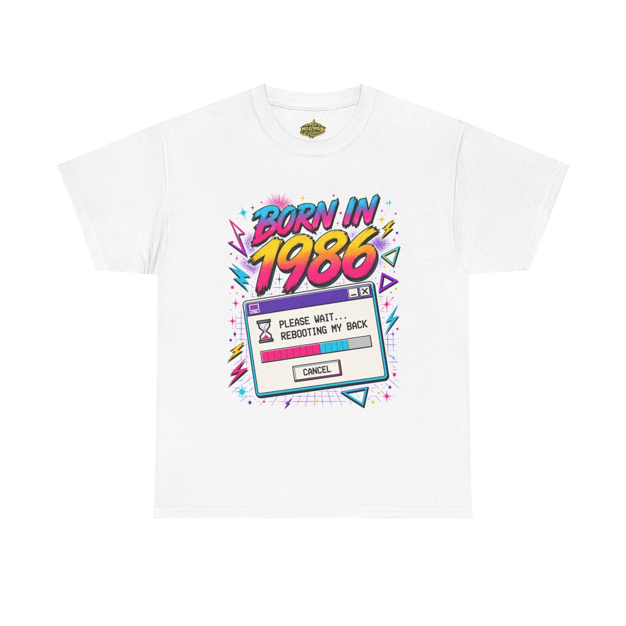 Born in 1986 Retro Graphic Tee — "Please Wait... Rebooting My Back" Birthday Shirt