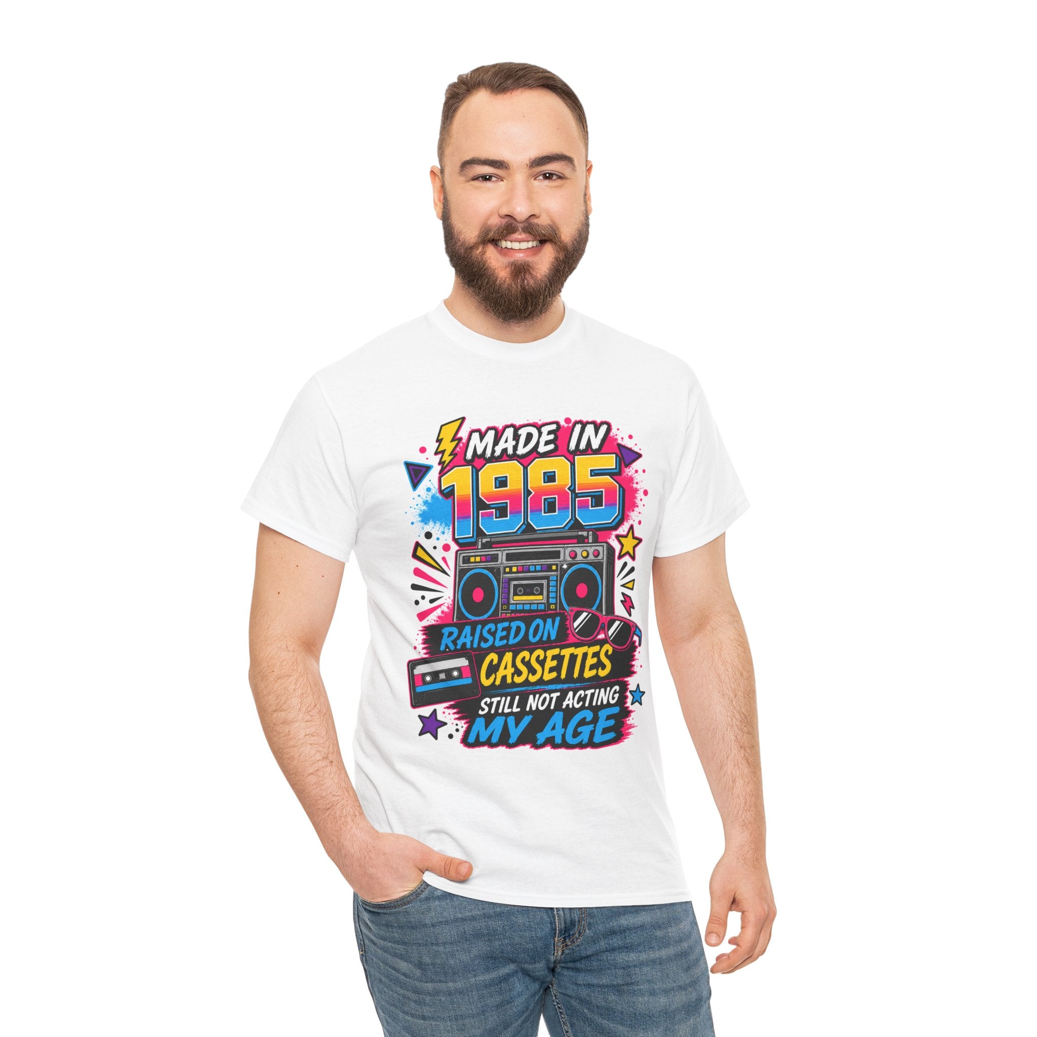 Made in 1985 T-Shirt : Raised on Cassettes, Still Not Acting My Age Retro Tee