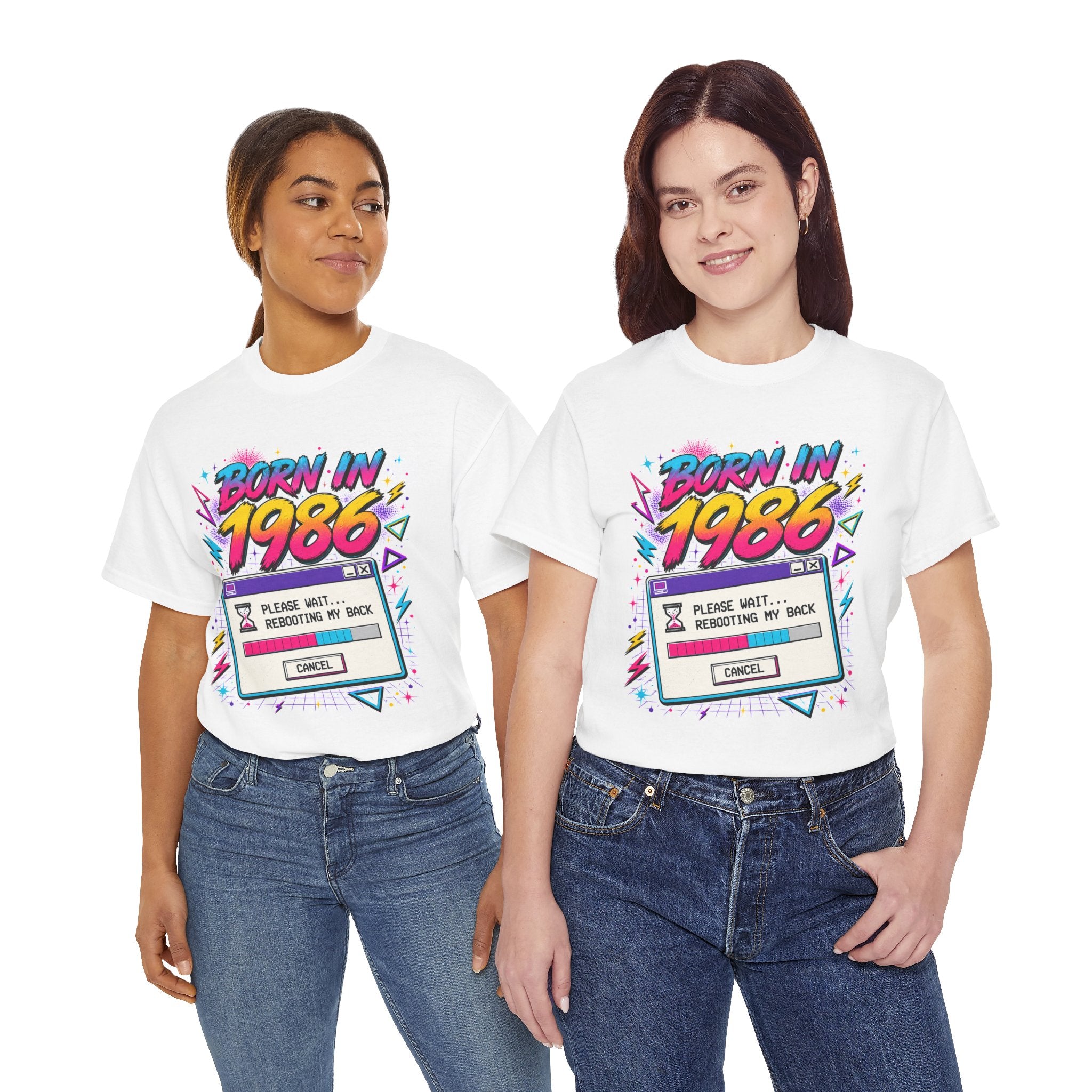 Born in 1986 Retro Graphic Tee — "Please Wait... Rebooting My Back" Birthday Shirt